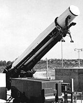 Thor missiles were stored horizontally in covered shelters, and elevated to a vertical position before launch. Thor missile prepared for launch.jpg