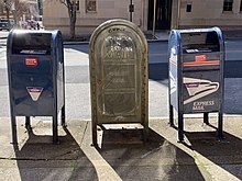 A regular US Postal Service mailbox, a letter carrier box, and an express only box Three types of US Postal Service Boxes.jpg