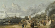 "Smeerenburg". A whale (left foreground) is being flensed. Painting by Cornelis de Man (1639). Traankokerijen bij het dorp Smerenburg Rijksmuseum SK-A-2355.jpeg