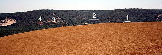 Location of the excavation sites in the railway cutting. Identifiable from the protective roofs are: (1) Entrance to the cutting; (2) Sima del Elefante; (3) Galeria; (4) Gran Dolina Trinchera Atapuerca2.jpg