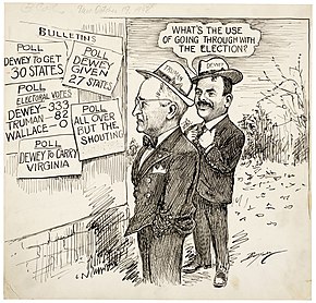 Clifford K. Berryman's editorial cartoon of October 19, 1948. One of the cards says that, according to a poll, Dewey would succeed in Virginia. Truman-Dewey-polls-1948.jpg