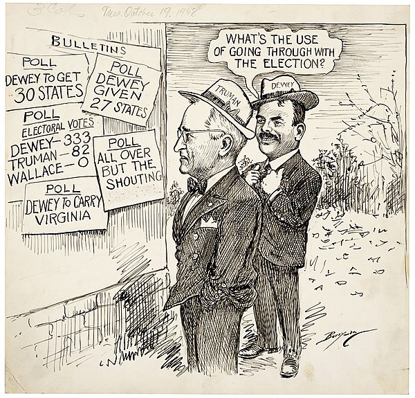 Clifford K. Berryman's editorial cartoon of October 19, 1948. One of the cards says that, according to a poll, Dewey would succeed in Virginia.