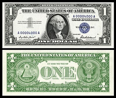 روی و پشت اسکناس ۱ دلاری از سری اسکناس‌های بدل به نقره دلار آمریکا