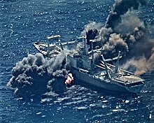 Durham being sunk, 30 August 2020. USS Durham (LKA-114) is sunk during exercise RIMPAC 2020 on 30 August 2020 (200830-N-NO842-1002).JPG