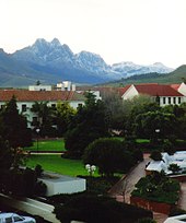 View over the "Red Square" of Stellenbosch University with the peak, "The Twins" beyond UniStellenbosch.jpg
