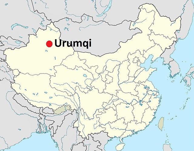 Staðsetning Urumqi borg í Xinjiang héraði í Kína.