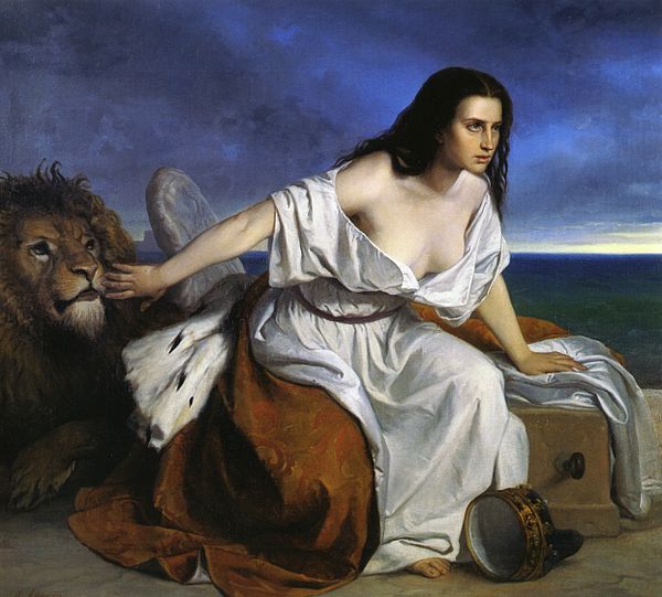 Allegory of Venice, represented by the lion, hoping to join Italy, represented by the woman