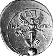 The statue of Victory on a coin issued under Augustus, matching its description by Prudentius. Victoriastatue.jpg