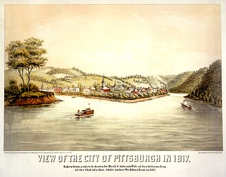drawing of a community with three rivers, including factory on right