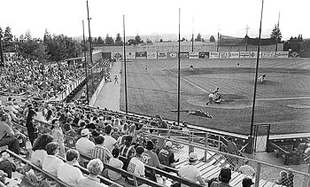 Vince Genna Stadium, formerly Municipal Stadium, during a 1992 Bend Rockies game. VinceGenna - Bend Rockies V4T.jpg