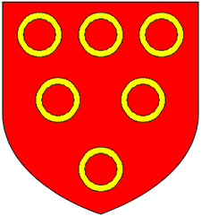 Arms of Vipont: Gules, six annulets or. Adopted at the start of the age of heraldry (circa 1200-1215). These arms were later quartered by the Clifford family VipontArms.PNG