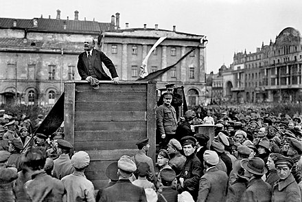 Vladimir Lenin and Leon Trotsky during a 1920 speech in Moscow