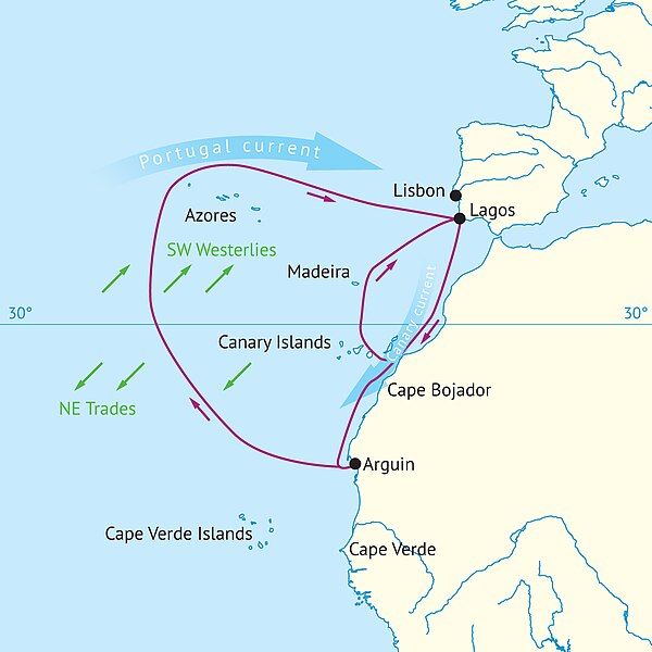 Approximate routes of the Portuguese ships under Henry's command.