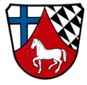 Gemeinde Kirchdorf Durch eine eingeschweifte rote Spitze, darin ein schreitendes, silbernes Pferd, gespalten; vorne in Silber ein durchgehendes blaues Balkenkreuz, hinten in vier Reihen gespickelt von Schwarz und Silber.