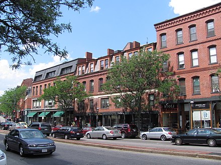 Busy Washington Street in Brookline Village