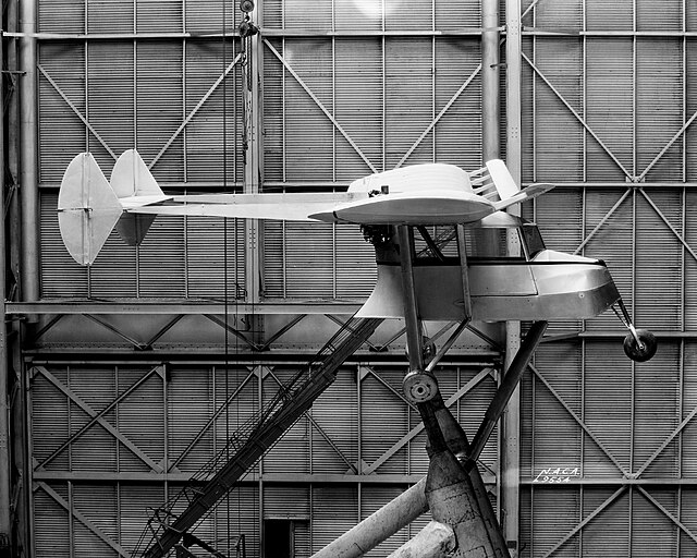 Fred Weick designed the W-1 with tricycle landing gear. It is shown in March 1934 in NACA's full scale wind tunnel.