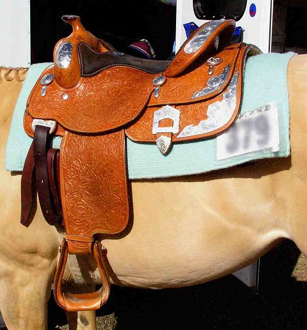 A western saddle suitable for show.