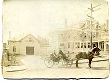 View of the house in the 1800s with the Hogg family and their Morgan horses Prince and Rip Van Winkle (as noted by Madeline Hogg) William Hogg House (19th century).jpg