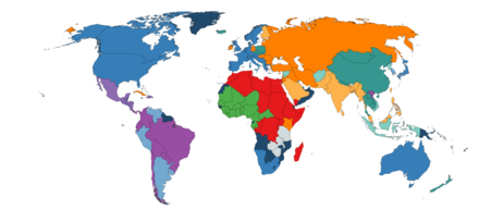 A world map of countries in 1965 colour-coded into 'blocks' based on trade, military interventions, diplomats and treaties.[1] .mw-parser-output .legend{page-break-inside:avoid;break-inside:avoid-column}.mw-parser-output .legend-color{display:inline-block;min-width:1.25em;height:1.25em;line-height:1.25;margin:1px 0;text-align:center;border:1px solid black;background-color:transparent;color:black}.mw-parser-output .legend-text{}  Block A   Block B   Block C & with dashed lines indicates colonies of Block C countries   Block C'   Block D   Block D'   Block E   Block E'   Block F   Block F'