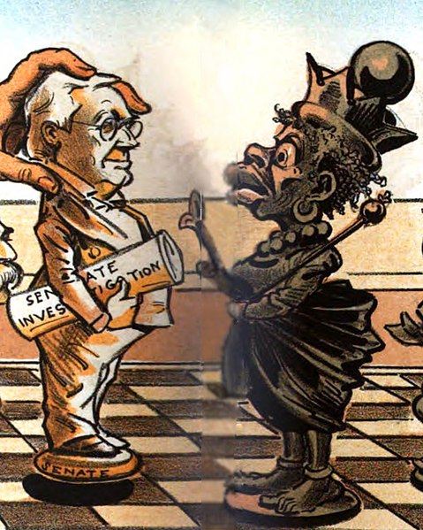 File:"Senate Investigation" and "Senate" caricature and Liliuokalani racist in 1894 art detail, His Little Hawaiian Game Checkmated political cartoon 1894 (retouched - HR) (cropped).jpg