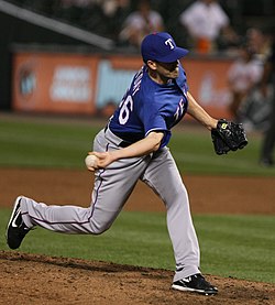 Darren O'Day throws a "submarine" side-arm pitch for the Texas Rangers in April 2009. 00089841 Darren O'Day.jpg