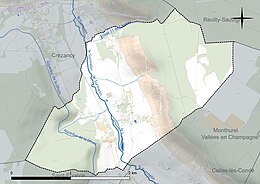 Carte en couleur présentant le réseau hydrographique de la commune