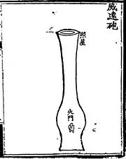 A depiction of an early vase-shaped cannon (shown here as the "Long-range Awe-inspiring Cannon"(Wei Yuan Pao )) complete with a crude sight and an ignition port dated from around 1350 AD. The illustration is from the 14th century Ming Dynasty book Huolongjing. 1350 AD early Chinese vase-shaped cannon.jpg
