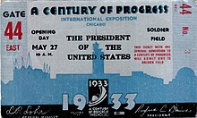 Ticket for the opening day ceremonies at Soldier Field 1933 Century of Progress Opening Day Ticket.jpg