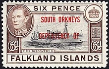 A 1944 stamp of the Falkland Islands overprinted for use in the South Orkneys.