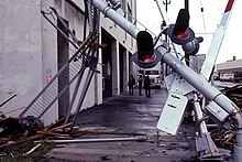 Photograph of toppled crossing signals