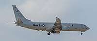 A Boeing P-8 Poseidon, tail number 168761, on final approach at Kadena Air Base in Okinawa, Japan. It is assigned to Patrol Squadron 45 (VP-45) at NAS Jacksonville, Florida, United States.