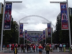 Wembley Stadium from the Olympic Way on the day of the 2023 Challenge Cup Final.