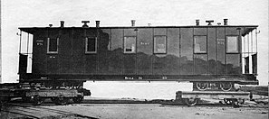 2nd class passenger carriage of the Irinovskaya railway on bogies for broad gauge transportation.jpg