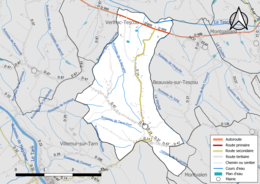 Carte en couleur présentant le réseau hydrographique de la commune