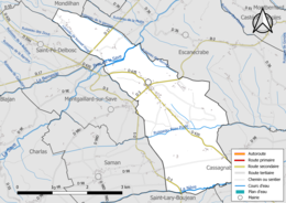 Carte en couleur présentant le réseau hydrographique de la commune