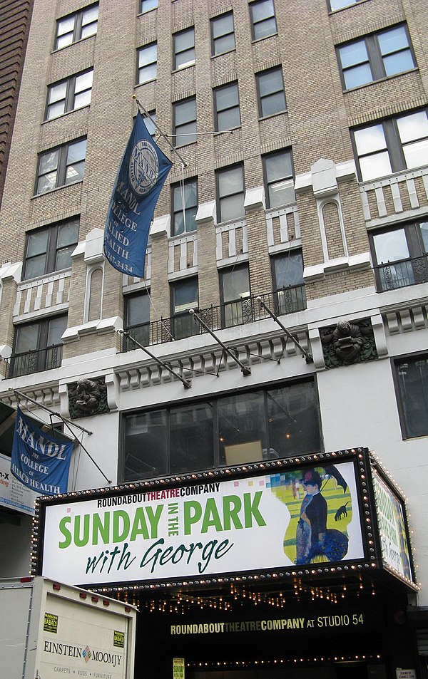 Studio 54, originally the Gallo Opera House, is placed within the base of an office building at 254 West 54th Street.