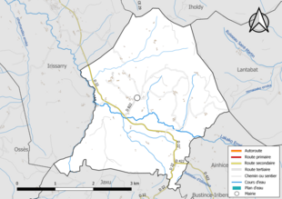 Carte en couleur présentant le réseau hydrographique de la commune