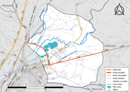 Carte en couleur présentant le réseau hydrographique de la commune