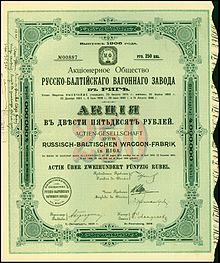 Share of the Russisch-Baltischen Waggon-Fabrik, issued 1906 AG der Russisch-Baltischen Waggon-Fabrik 1906.jpg