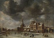The Blauwpoort in Leiden in winter label QS:Len,"The Blauwpoort in Leiden in winter" label QS:Lpl,"Blauwpoort w Lejdzie zimą" label QS:Lnl,"De Blauwpoort te Leiden in de winter" circa 1654-1665. oil on canvas medium QS:P186,Q296955;P186,Q12321255,P518,Q861259 . 90 × 126 cm (35.4 × 49.6 in). Amsterdam, Rijksmuseum Amsterdam.