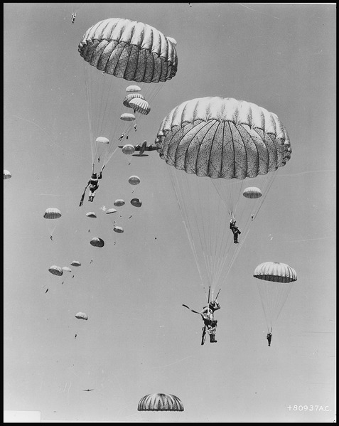 File:Air dropped by the 437th Troop Carrier Wing, paratroopers of the 187th Regimental Combat Team decend to earth during... - NARA - 542238.tif