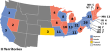 The results of the 1864 United States presidential election in the novel. The blue states are those won by Seymour/Vallandigham, the red states won by Lincoln/Hamlin, light gray states won by McClellan/Everett, yellow states won by Fremont/Johnson while dark gray represents the US territories Alt-1864 Union Election.png