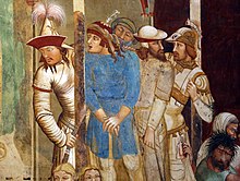 Mongol commander of a thousand troops (at left), in Ambrogio Lorenzetti's Martyrdom of the Franciscans, 1330. Ambrogio Lorenzetti, Martirio di cinque frati francescani, 1336-37 circa, dalla sala capitolare, 07.jpg