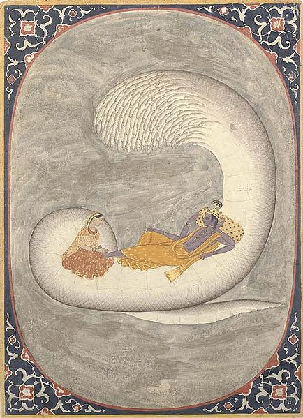 Vishnu resting on Ananta-Shesha, with Lakshmi massaging his "lotus feet"