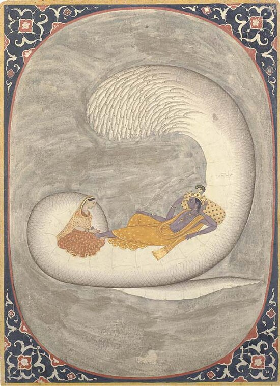 Vishnu resting on Ananta-Shesha, with Lakshmi massaging his "lotus feet"