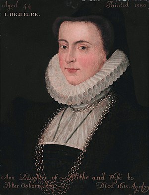 Anne Blythe, wife of Peter Osborne. Anne Blythe (1536-1615), by English School of the 16th century.jpg
