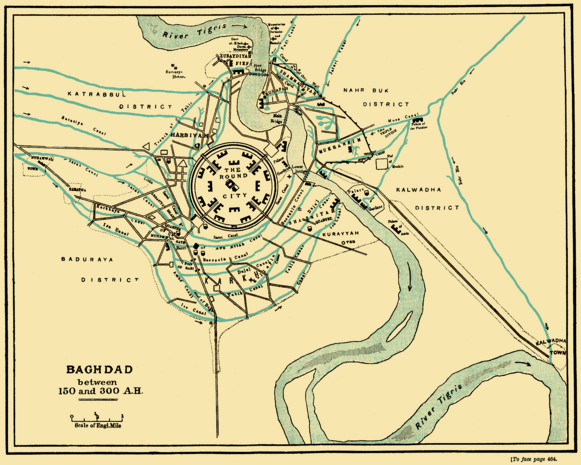 The Round city of Baghdad was founded by caliph Al-Mansur in 762–766 CE as the capital of the Abbasid Caliphate, setting the stage for the Islamic Golden Age beginning with the subsequent construction of the House of Wisdom. It is the fabled city in One Thousand and One Nights.[83]
