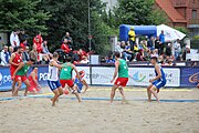 Deutsch: Beachhandball Europameisterschaften 2019 (Beach handball Euro); Tag 3: 4. Juli 2019 – Männer, Platzierungsrunde Gruppe IV, Rumänien-Portugal 2:0 (15:14, 25:24) English: Beach handball Euro; Day 3: 4 July 2019 – Men Consolation Round Group IV – Romania-Portugal 2:0 (15:14, 25:24)