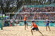 Deutsch: Beachvolleyball bei den Olympischen Jugendspielen 2018; Tag 11, 17. Oktober 2018; Jungen,Finale – Niederlande (Matthew Immers/Yorick de Groot)-Schweden (David Åhman/Jonatan Hellvig) 0:2 (20–22/15–21) English: Beach volleyball at the 2018 Summer Youth Olympics at 17 October 2018 – Final – Netherlands (Matthew Immers/Yorick de Groot)-Sweden (David Åhman/Jonatan Hellvig) 0:2 (20–22/15–21)