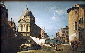 Architectural fantasy with Santa Maria dei Miracoli, Venice. 1765. oil on canvas medium QS:P186,Q296955;P186,Q12321255,P518,Q861259 .Landesmuseum Hannover.